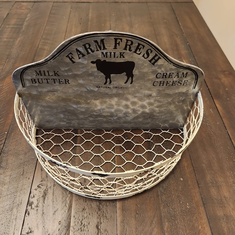Rustic Farmhouse Wall Decor "Farm Fresh Milk" Metal Basket - Picture 2 of 5